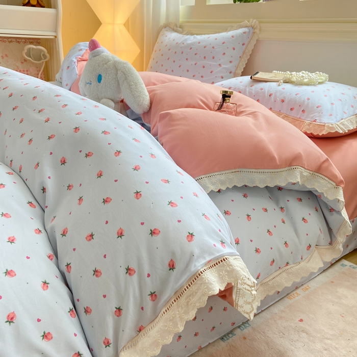 91家纺网 家纺一手货源 找家纺 大麦家纺 25年新款高克重印花水洗棉花边四件套 水蜜桃