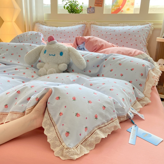 91家纺网 家纺一手货源 找家纺 大麦家纺 25年新款高克重印花水洗棉花边四件套 水蜜桃