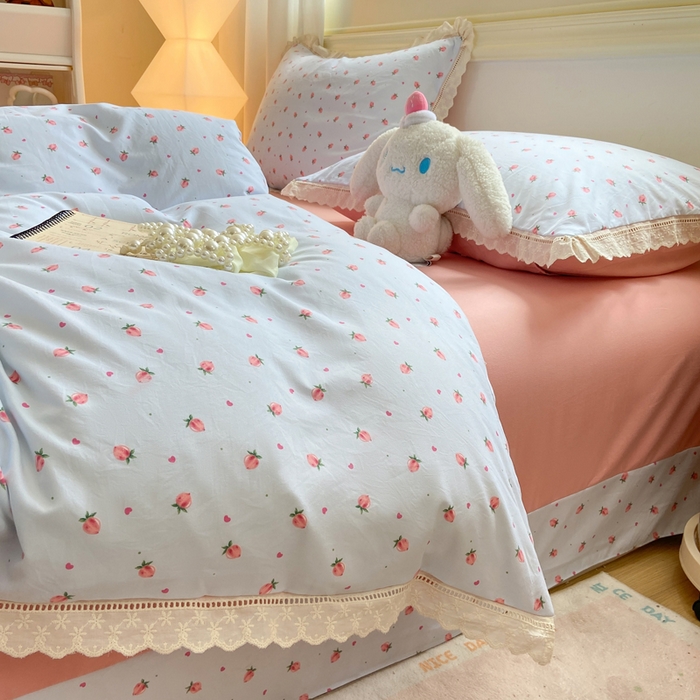 91家纺网 家纺一手货源 找家纺 大麦家纺 25年新款高克重印花水洗棉花边四件套 水蜜桃