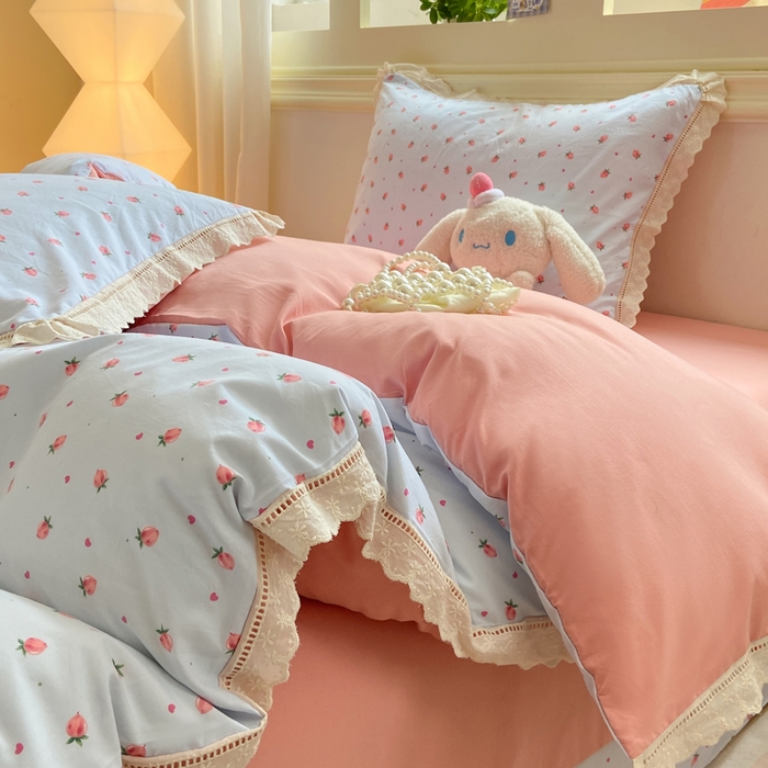 91家纺网 家纺一手货源 找家纺 大麦家纺 25年新款高克重印花水洗棉花边四件套 水蜜桃