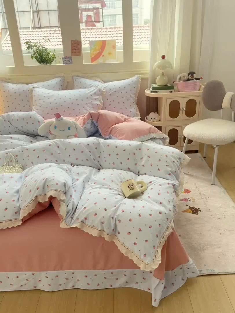 91家纺网 家纺一手货源 找家纺 大麦家纺 25年新款高克重印花水洗棉花边四件套 水蜜桃