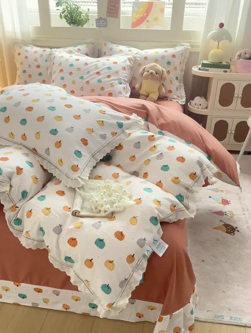 91家纺网 家纺一手货源 找家纺 大麦家纺 25年新款高克重印花水洗棉花边四件套 童话小南