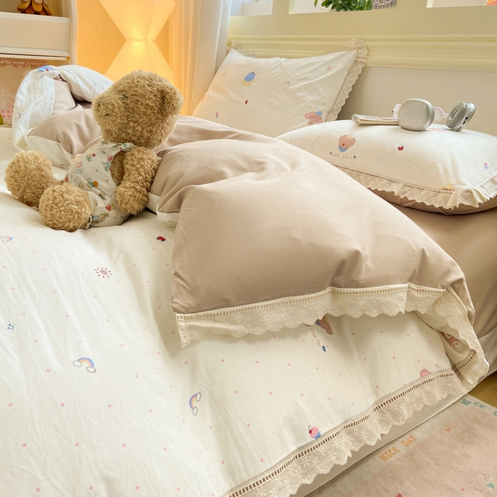 91家纺网 家纺一手货源 找家纺 大麦家纺 25年新款高克重印花水洗棉花边四件套 晚安小眠