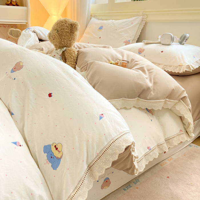 91家纺网 家纺一手货源 找家纺 大麦家纺 25年新款高克重印花水洗棉花边四件套 晚安小眠