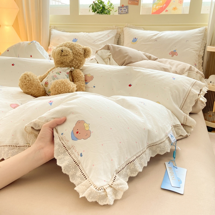 91家纺网 家纺一手货源 找家纺 大麦家纺 25年新款高克重印花水洗棉花边四件套 晚安小眠