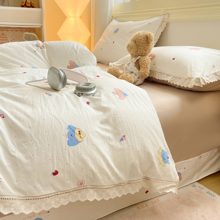 91家纺网 家纺一手货源 找家纺 大麦家纺 25年新款高克重印花水洗棉花边四件套 晚安小眠