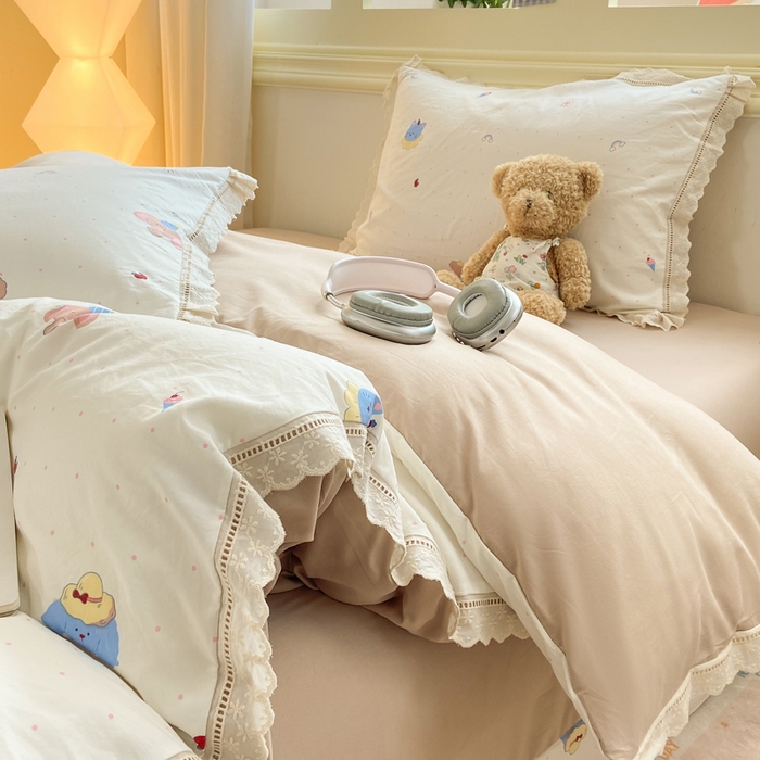 91家纺网 家纺一手货源 找家纺 大麦家纺 25年新款高克重印花水洗棉花边四件套 晚安小眠