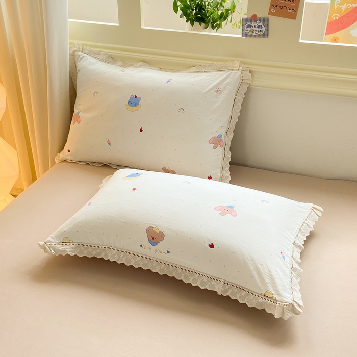 91家纺网 家纺一手货源 找家纺 大麦家纺 25年新款高克重印花水洗棉花边四件套 晚安小眠