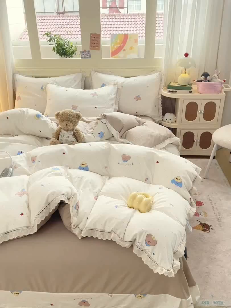 91家纺网 家纺一手货源 找家纺 大麦家纺 25年新款高克重印花水洗棉花边四件套 晚安小眠