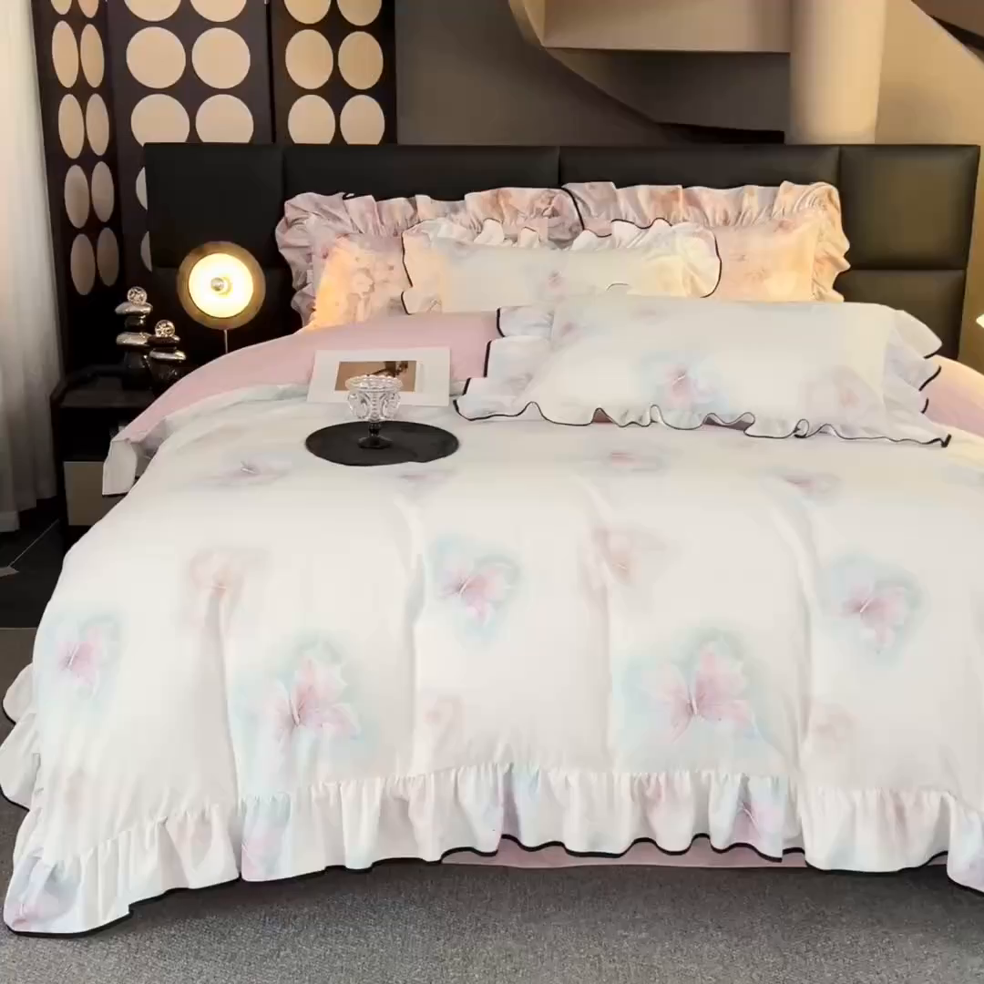 91家纺网 家纺一手货源 找家纺 找底底家纺 2025新款御锦棉印花四件套系列 蝶恋