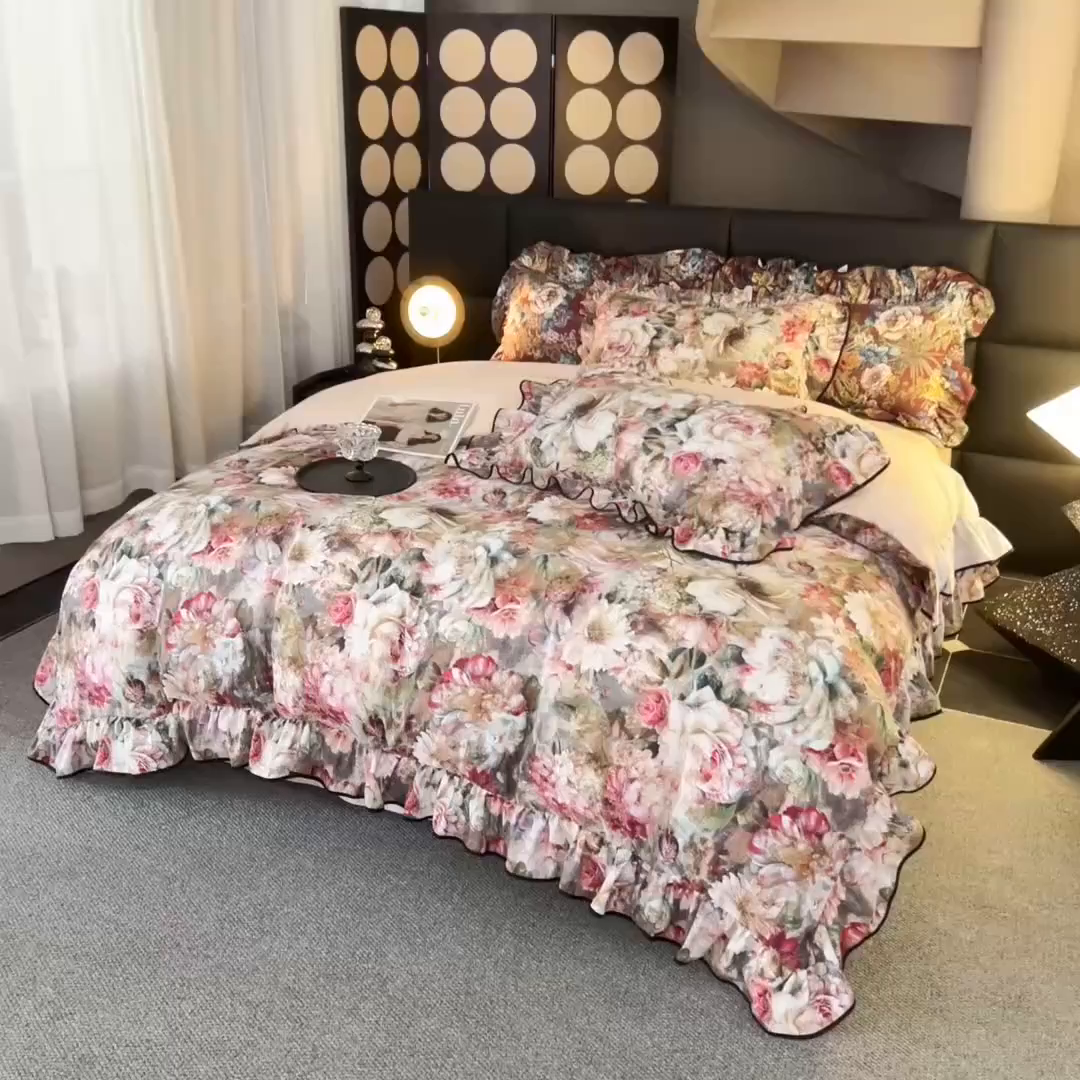 91家纺网 家纺一手货源 找家纺 找底底家纺 2025新款御锦棉印花四件套系列 复古花园