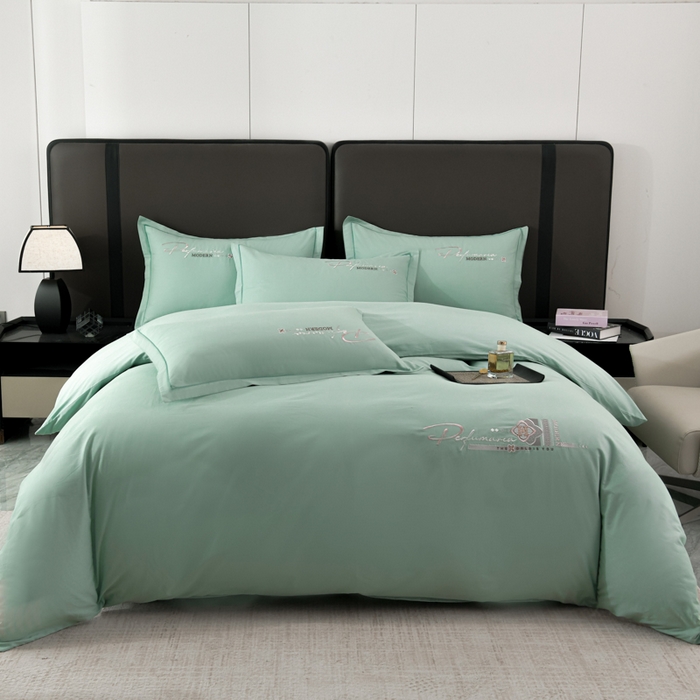 91家纺网 家纺一手货源 找家纺 U品汇 2025新品40S长绒棉加厚全棉纯棉陶瓷磨毛刺绣花四件套100%棉碳素磨毛 碧海蓝天-冰川绿