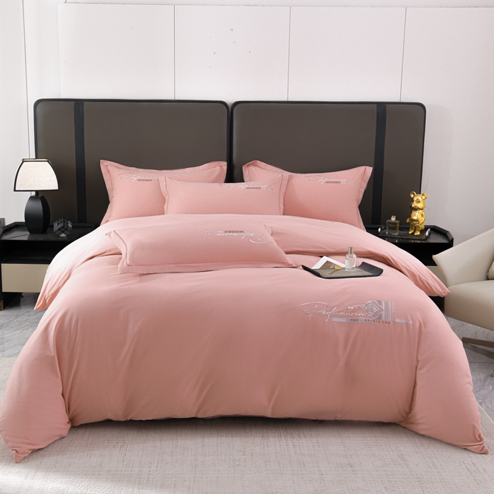 U品汇 2025新品40S长绒棉加厚全棉纯棉陶瓷磨毛刺绣花四件套100%棉碳素磨毛 碧海蓝天-西柚色