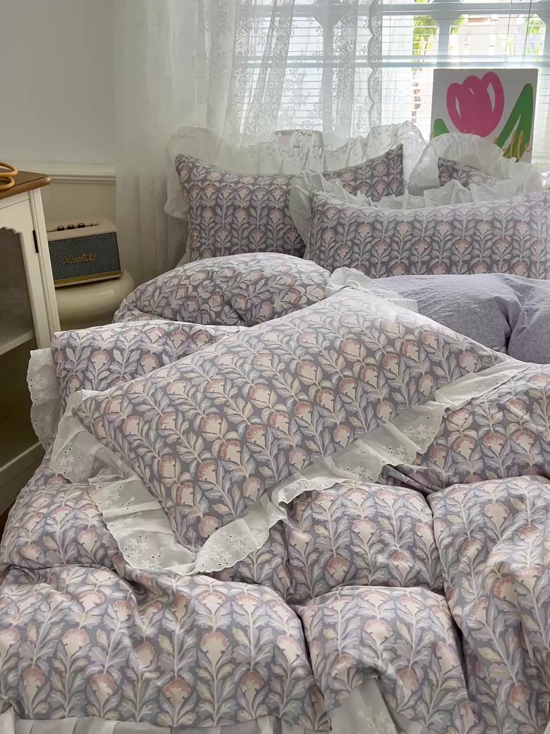 91家纺网 家纺一手货源 找家纺 赛丽雅 2025新款花边韩版水洗珍珠棉四件套 梵克-灰