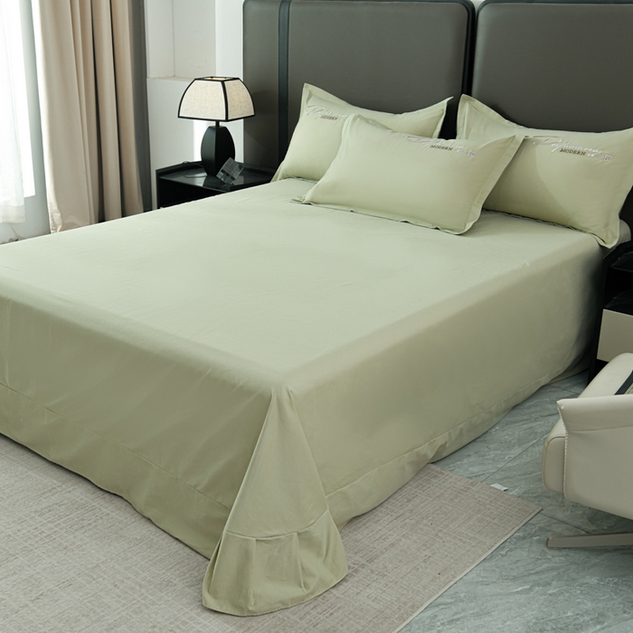 91家纺网 家纺一手货源 找家纺 U品汇 2025新品40S长绒棉加厚全棉纯棉陶瓷磨毛刺绣花四件套100%棉碳素磨毛 碧海蓝天-浅豆绿