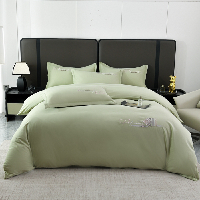 U品汇 2025新品40S长绒棉加厚全棉纯棉陶瓷磨毛刺绣花四件套100%棉碳素磨毛 碧海蓝天-浅豆绿