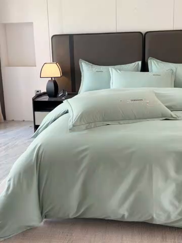 91家纺网 家纺一手货源 找家纺 U品汇 2025新品40S长绒棉加厚全棉纯棉陶瓷磨毛刺绣花四件套100%棉碳素磨毛 碧海蓝天-浅豆绿