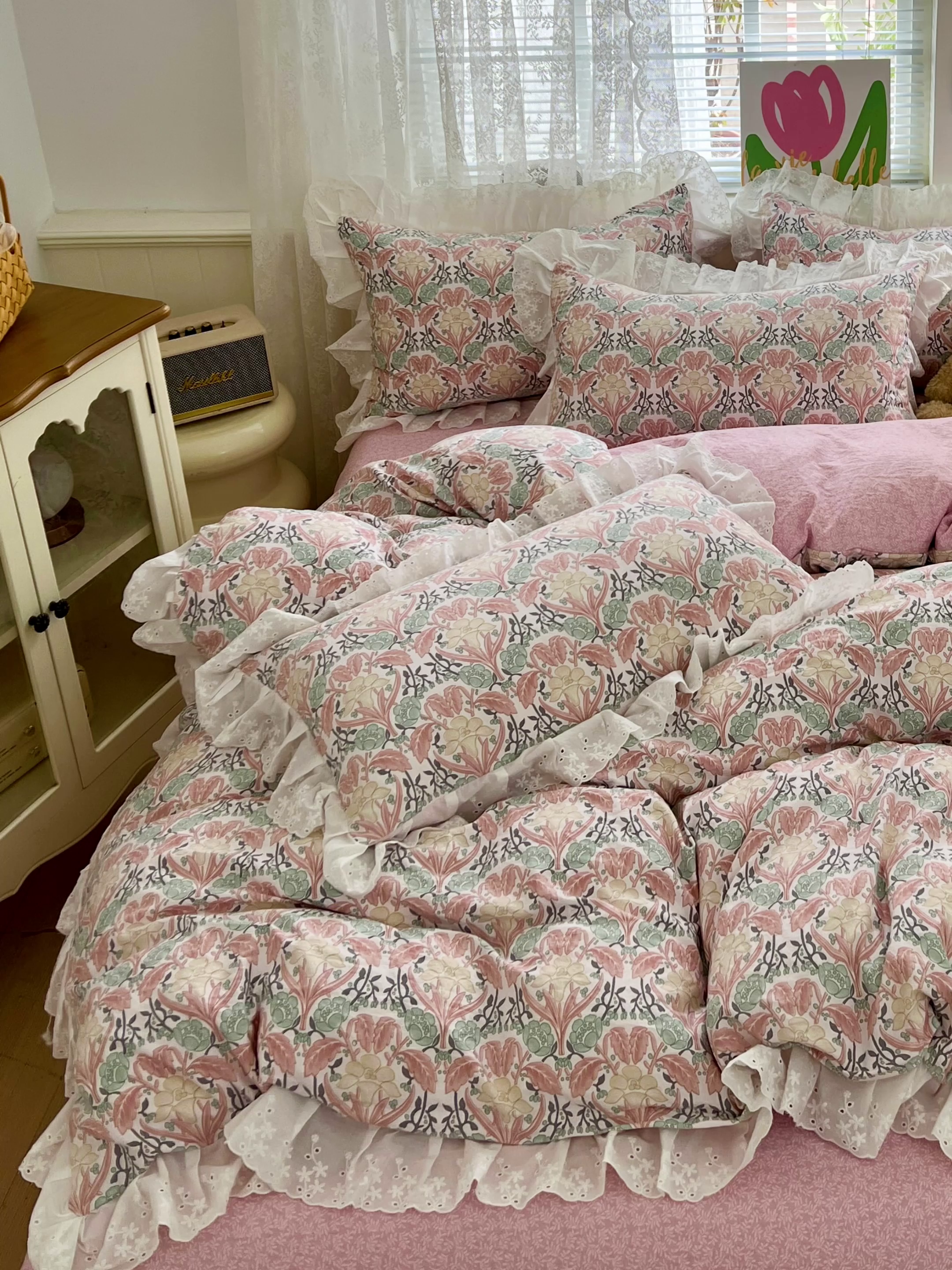 91家纺网 家纺一手货源 找家纺 赛丽雅 2025新款花边韩版水洗珍珠棉四件套 美琳-红