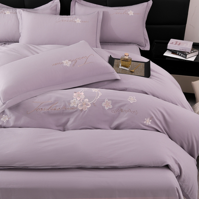 91家纺网 家纺一手货源 找家纺 U品汇 2025新品40S长绒棉加厚全棉纯棉陶瓷磨毛刺绣花四件套100%棉碳素磨毛 春漫-淡雅紫