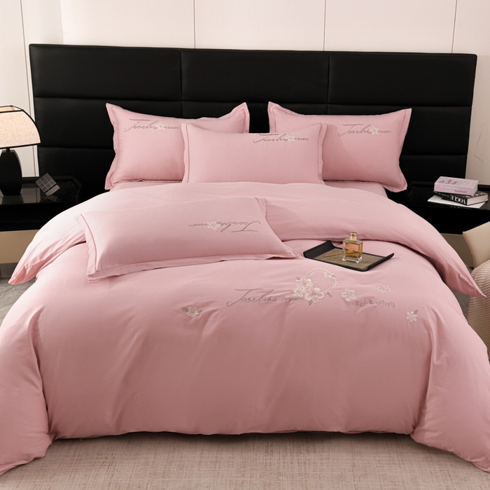 U品汇 2025新品40S长绒棉加厚全棉纯棉陶瓷磨毛刺绣花四件套100%棉碳素磨毛 春漫-贵族粉