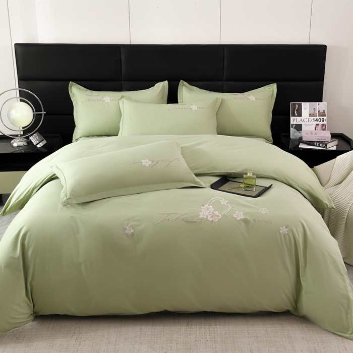 91家纺网 家纺一手货源 找家纺 U品汇 2025新品40S长绒棉加厚全棉纯棉陶瓷磨毛刺绣花四件套100%棉碳素磨毛 春漫-浅豆绿