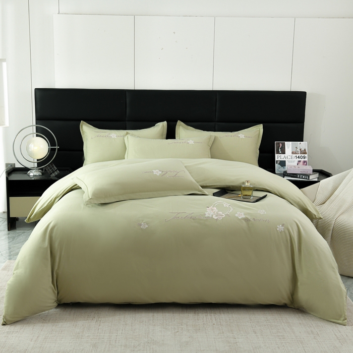 U品汇 2025新品40S长绒棉加厚全棉纯棉陶瓷磨毛刺绣花四件套100%棉碳素磨毛 春漫-浅豆绿