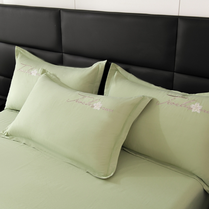 91家纺网 家纺一手货源 找家纺 U品汇 2025新品40S长绒棉加厚全棉纯棉陶瓷磨毛刺绣花四件套100%棉碳素磨毛 春漫-浅豆绿