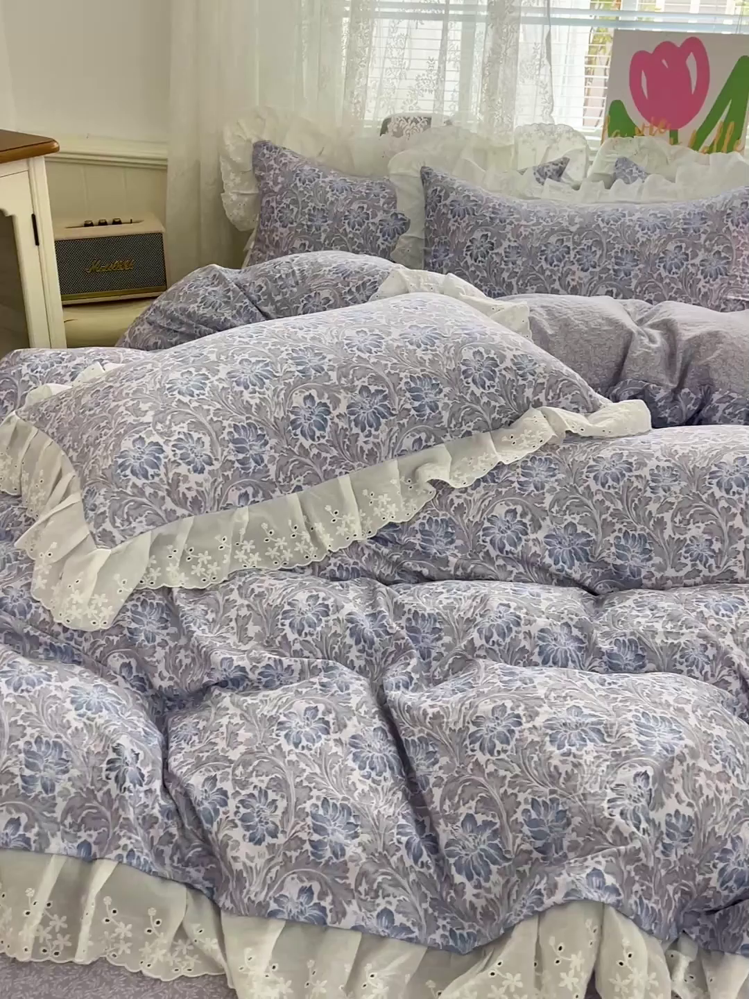 91家纺网 家纺一手货源 找家纺 赛丽雅 2025新款花边韩版水洗珍珠棉四件套 薇拉-蓝