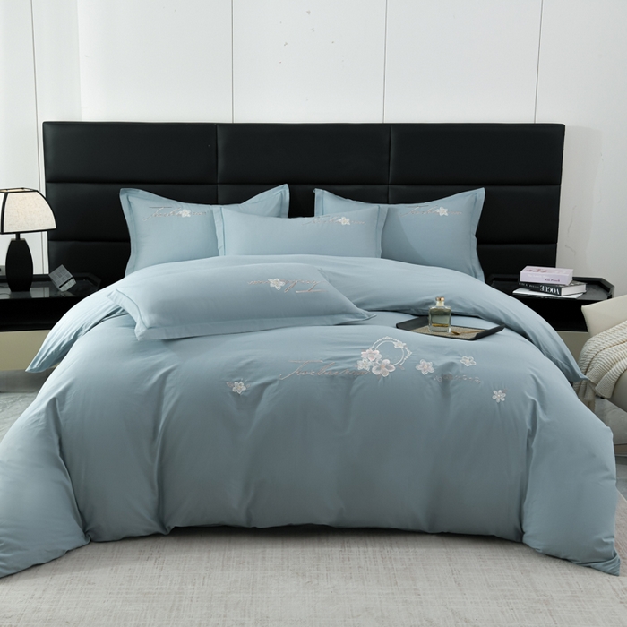U品汇 2025新品40S长绒棉加厚全棉纯棉陶瓷磨毛刺绣花四件套100%棉碳素磨毛 春漫-月光蓝