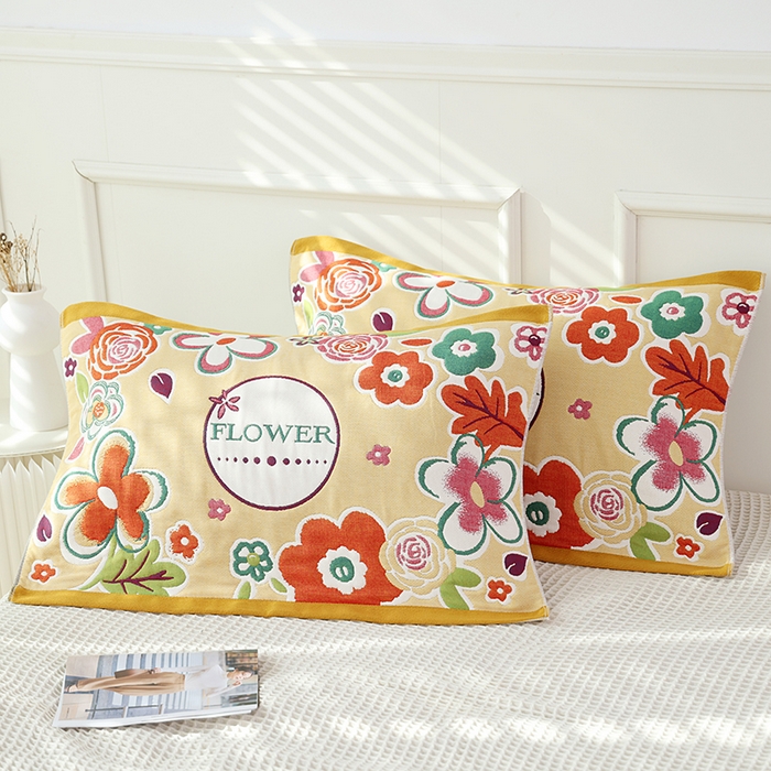 朴尔家纺-毛巾被2025新款全棉加厚八层纱布大版花萌宠絮花系列枕巾 锦簇花团52*78一对