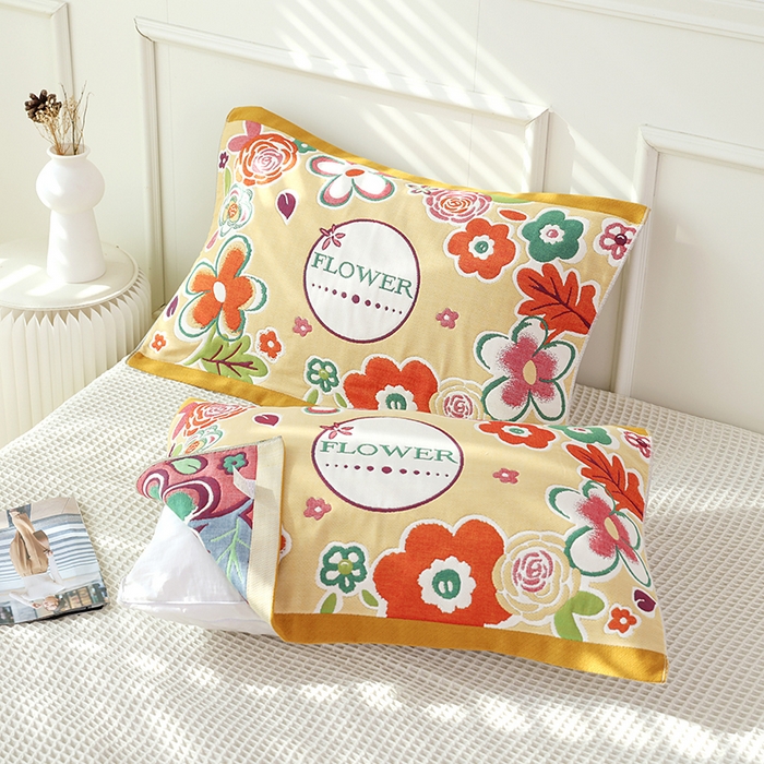 91家纺网 家纺一手货源 找家纺 朴尔家纺-毛巾被2025新款全棉加厚八层纱布大版花萌宠絮花系列枕巾 锦簇花团52*78一对