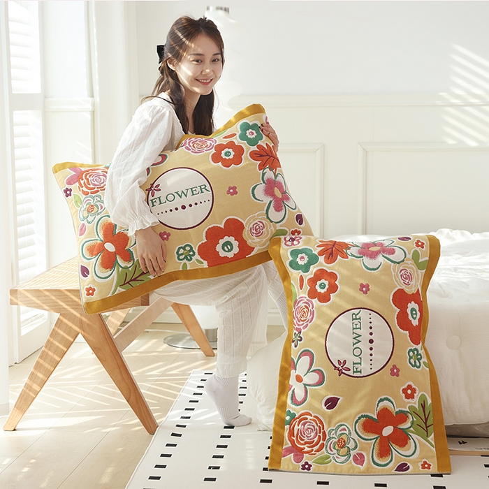 91家纺网 家纺一手货源 找家纺 朴尔家纺-毛巾被2025新款全棉加厚八层纱布大版花萌宠絮花系列枕巾 锦簇花团52*78一对