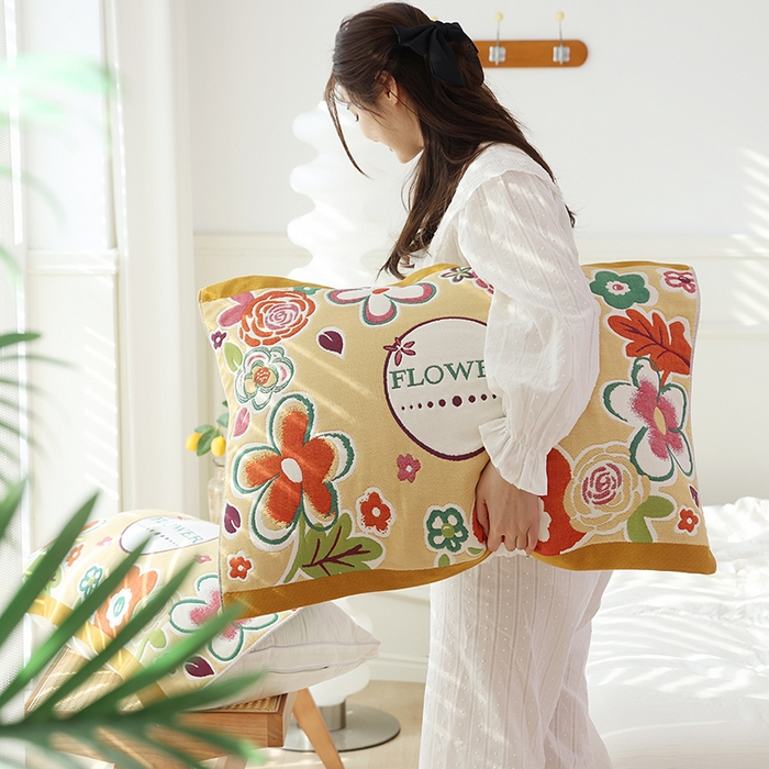 91家纺网 家纺一手货源 找家纺 朴尔家纺-毛巾被2025新款全棉加厚八层纱布大版花萌宠絮花系列枕巾 锦簇花团52*78一对