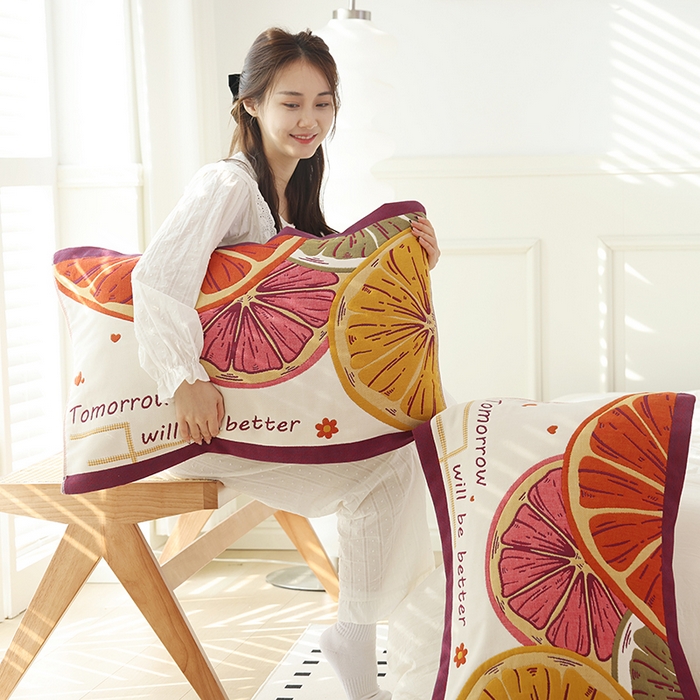 91家纺网 家纺一手货源 找家纺 朴尔家纺-毛巾被2025新款全棉加厚八层纱布大版花萌宠絮花系列枕巾 快乐柠檬52*78一对