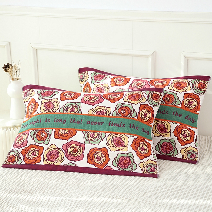 朴尔家纺-毛巾被2025新款全棉加厚八层纱布大版花萌宠絮花系列枕巾 玫瑰香氛52*78一对