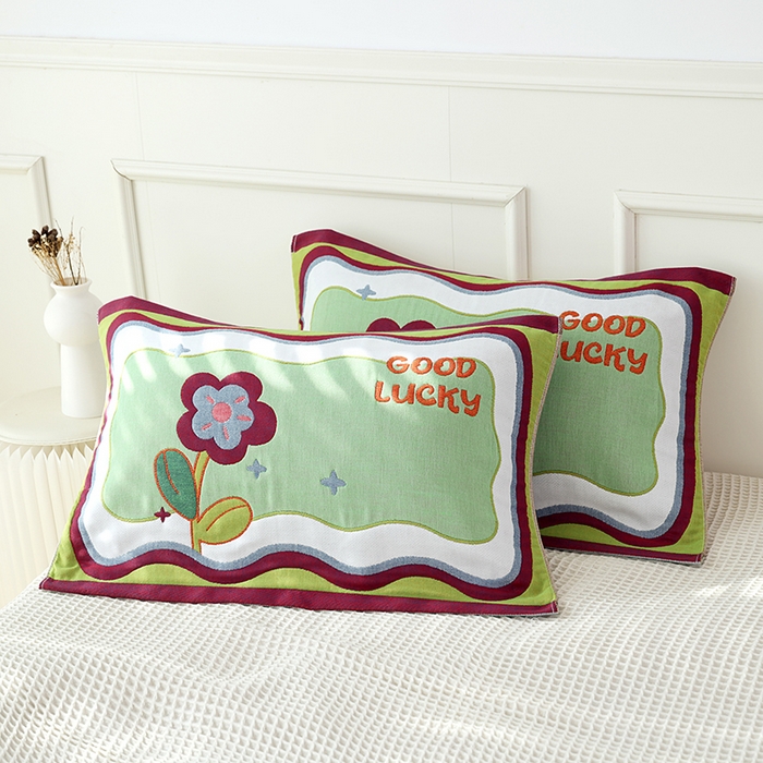 朴尔家纺-毛巾被2025新款全棉加厚八层纱布大版花萌宠絮花系列枕巾 盛开好运52*78一对