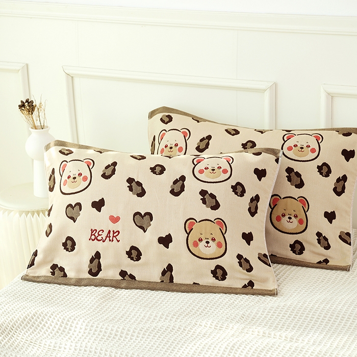 朴尔家纺-毛巾被2025新款全棉加厚八层纱布大版花萌宠絮花系列枕巾 心心熊仔52*78一对