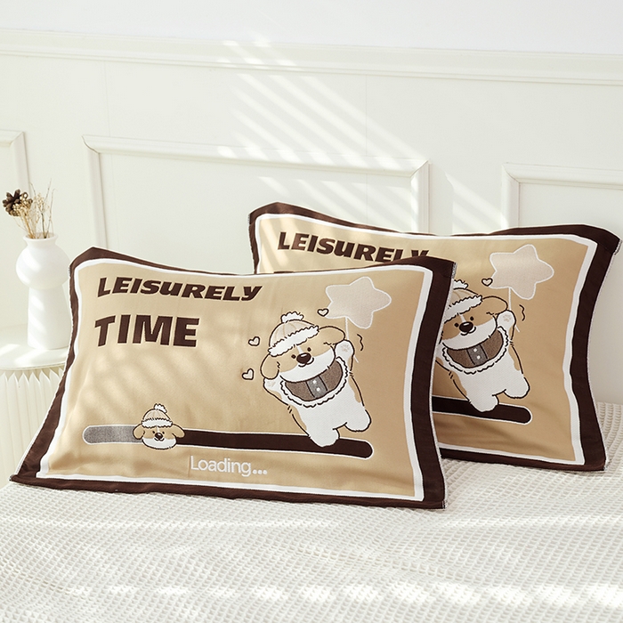 朴尔家纺-毛巾被2025新款全棉加厚八层纱布大版花萌宠絮花系列枕巾 悠闲时刻52*78一对