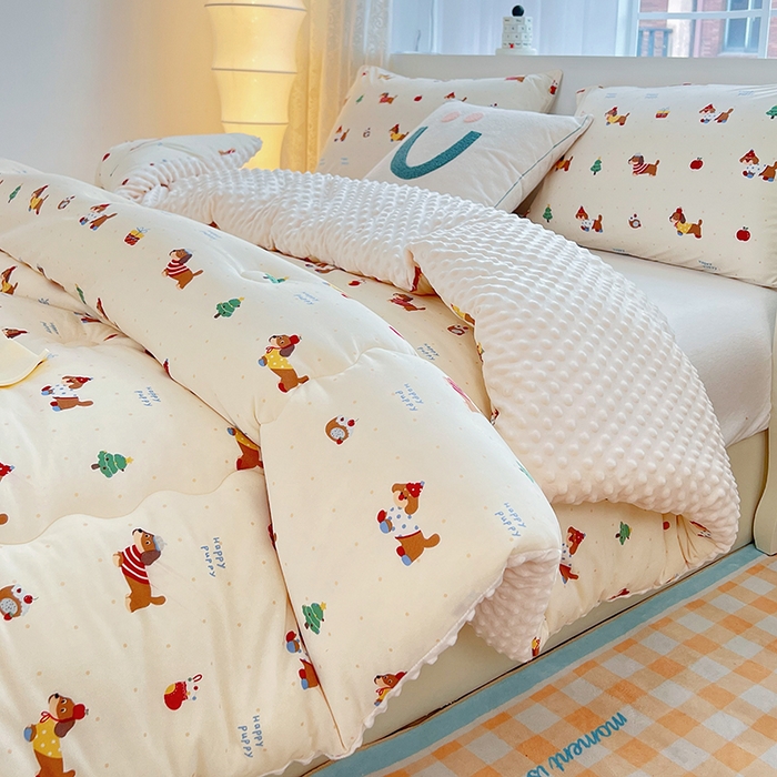 91家纺网 家纺一手货源 找家纺 天瑜家纺 2025新款针织棉豆豆绒大豆被冬被被子被芯 狗狗粉