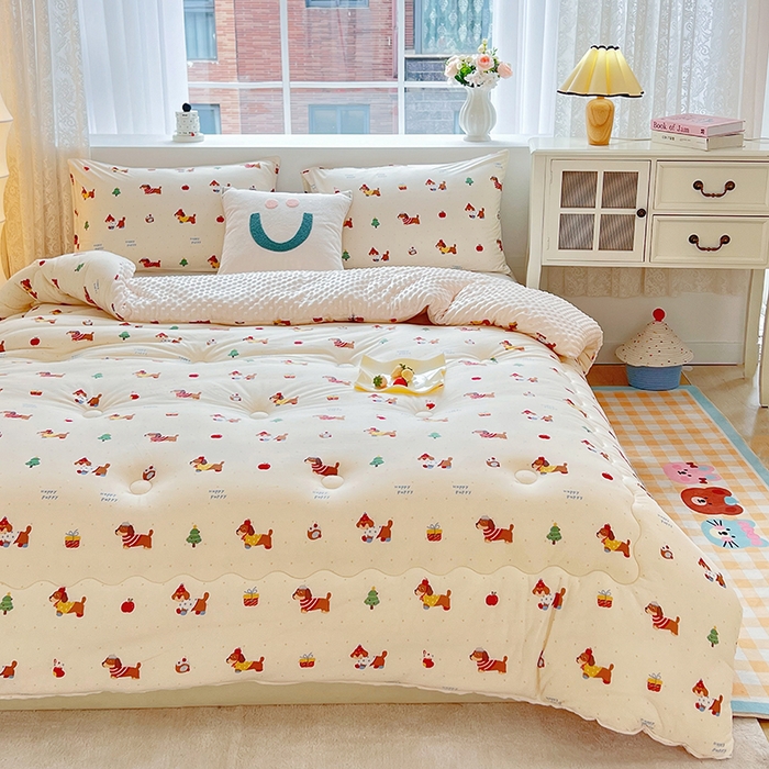 91家纺网 家纺一手货源 找家纺 天瑜家纺 2025新款针织棉豆豆绒大豆被冬被被子被芯 狗狗粉