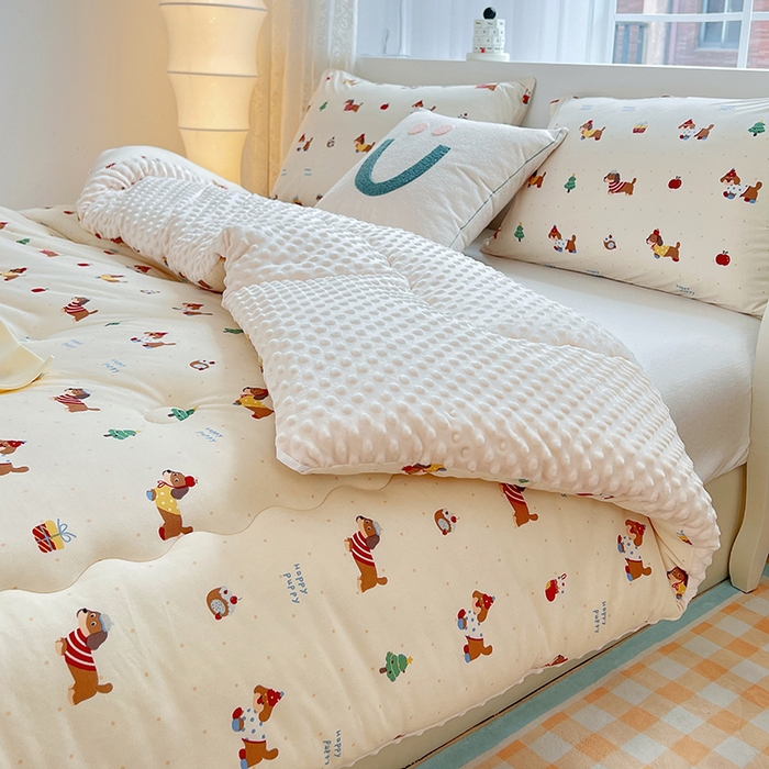 91家纺网 家纺一手货源 找家纺 天瑜家纺 2025新款针织棉豆豆绒大豆被冬被被子被芯 狗狗粉