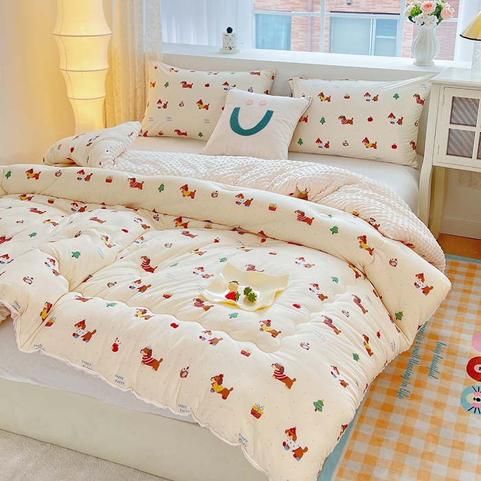 91家纺网 家纺一手货源 找家纺 天瑜家纺 2025新款针织棉豆豆绒大豆被冬被被子被芯 狗狗粉