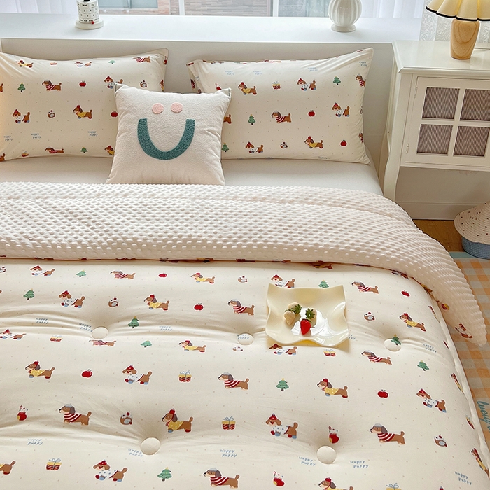 91家纺网 家纺一手货源 找家纺 天瑜家纺 2025新款针织棉豆豆绒大豆被冬被被子被芯 狗狗粉