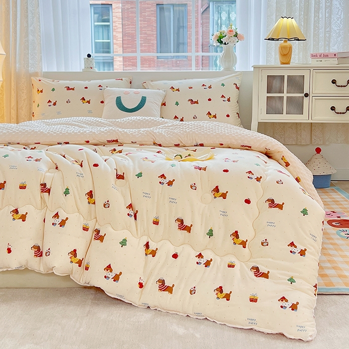 91家纺网 家纺一手货源 找家纺 天瑜家纺 2025新款针织棉豆豆绒大豆被冬被被子被芯 狗狗粉