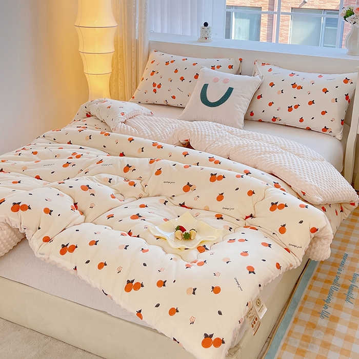 91家纺网 家纺一手货源 找家纺 天瑜家纺 2025新款针织棉豆豆绒大豆被冬被被子被芯 桔子