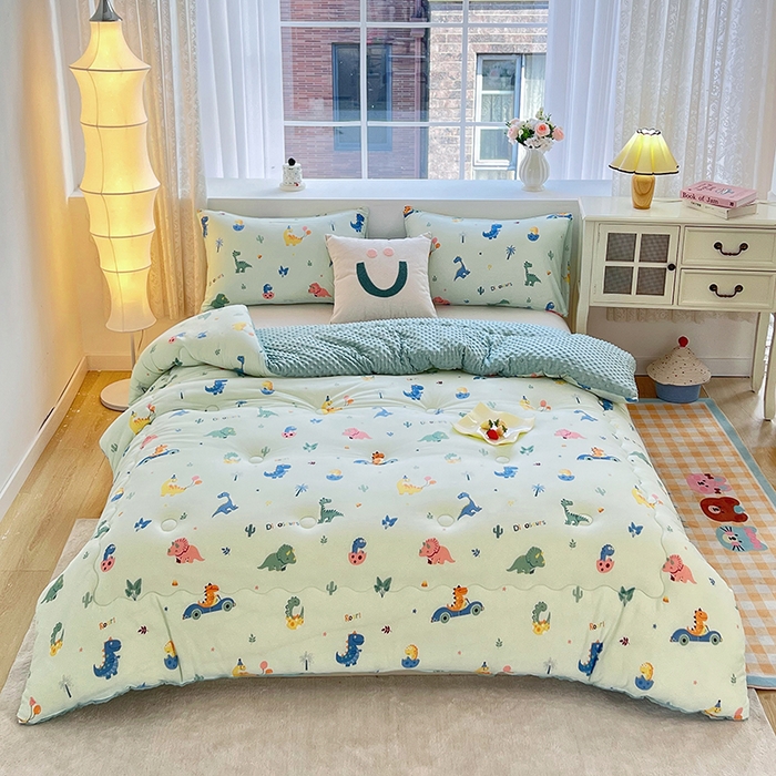 91家纺网 家纺一手货源 找家纺 天瑜家纺 2025新款针织棉豆豆绒大豆被冬被被子被芯 恐龙乐园绿