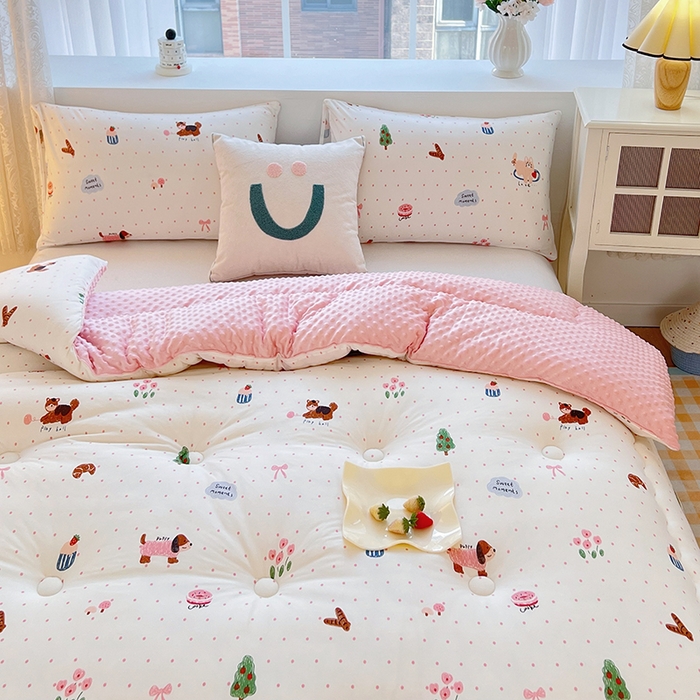 91家纺网 家纺一手货源 找家纺 天瑜家纺 2025新款针织棉豆豆绒大豆被冬被被子被芯 甜心粉