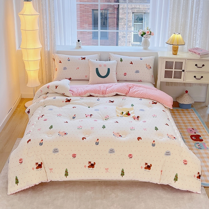 91家纺网 家纺一手货源 找家纺 天瑜家纺 2025新款针织棉豆豆绒大豆被冬被被子被芯 甜心粉