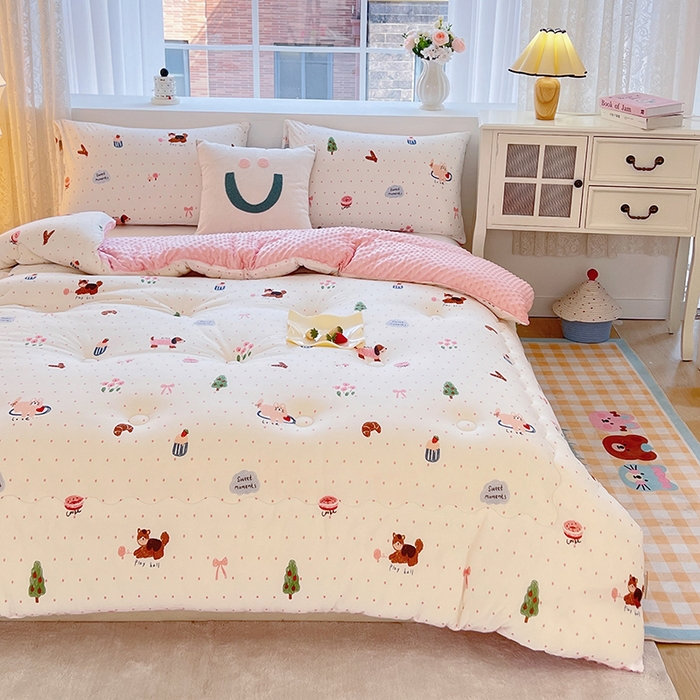 91家纺网 家纺一手货源 找家纺 天瑜家纺 2025新款针织棉豆豆绒大豆被冬被被子被芯 甜心粉