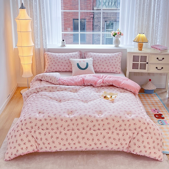 91家纺网 家纺一手货源 找家纺 天瑜家纺 2025新款针织棉豆豆绒大豆被冬被被子被芯 小花粉